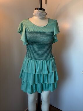 BCBGMaxAzria Teal Ruffle Tiered Mini Dress
